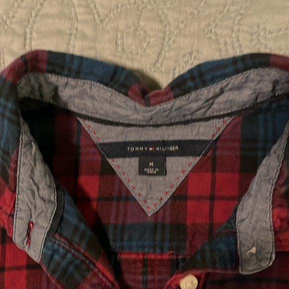Tommy Hilfiger M Burgundy, Blue Plaid Popover Long Sleeve Shirt - Picture 5 of 5